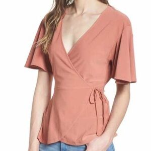 Leith Flounce Sleeve Faux Wrap top, Size XS